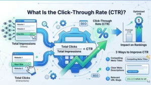 Infographic explaining Click-Through Rate formula, impact on rankings, and three ways to improve CTR.