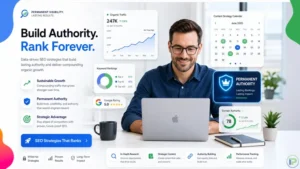 An SEO professional working on a laptop surrounded by data dashboards showing organic traffic growth, keyword rankings, and domain authority metrics.