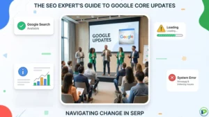 SEO professionals presenting a Google core update strategy with floating UI panels showing search status and data charts.