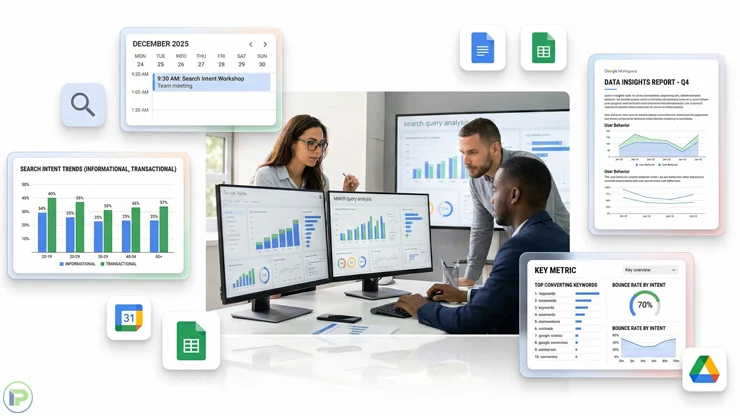 Analysts review search intent signals on digital dashboards surrounded by floating data productivity interfaces.