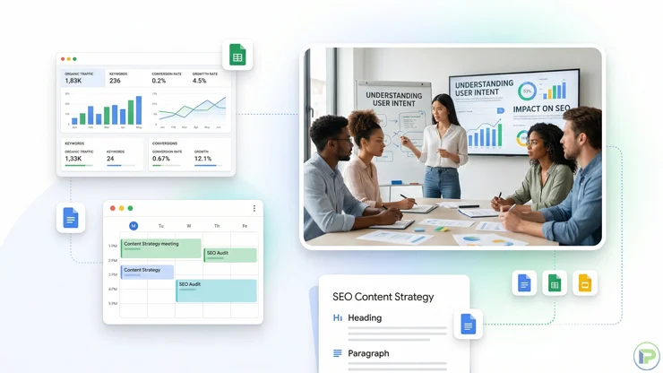 Professional team analyzing user intent data on a digital screen surrounded by floating analytics and calendar panels.