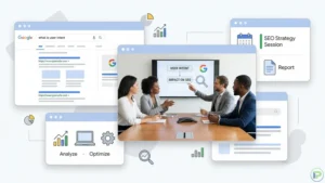 Collate design with central photo of SEO team discussing user intent impact, surrounded by browser windows and analytics icons.