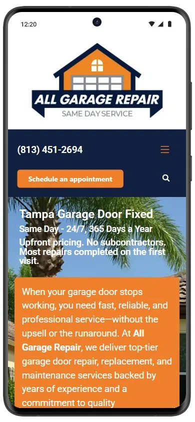 All Garage Repair mobile website screenshot