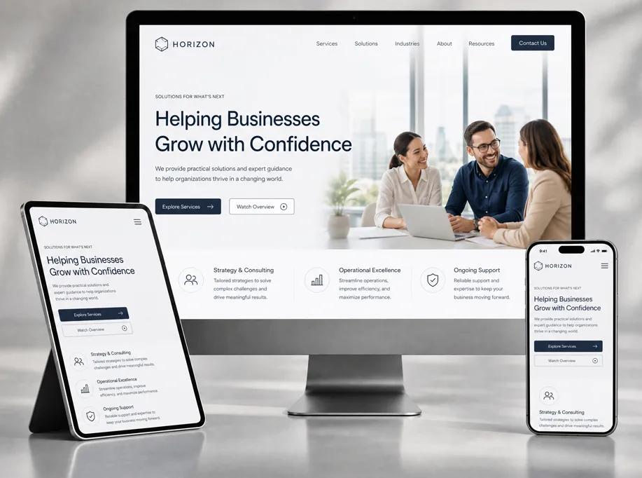 Modern business website displayed on a laptop in a bright professional workspace