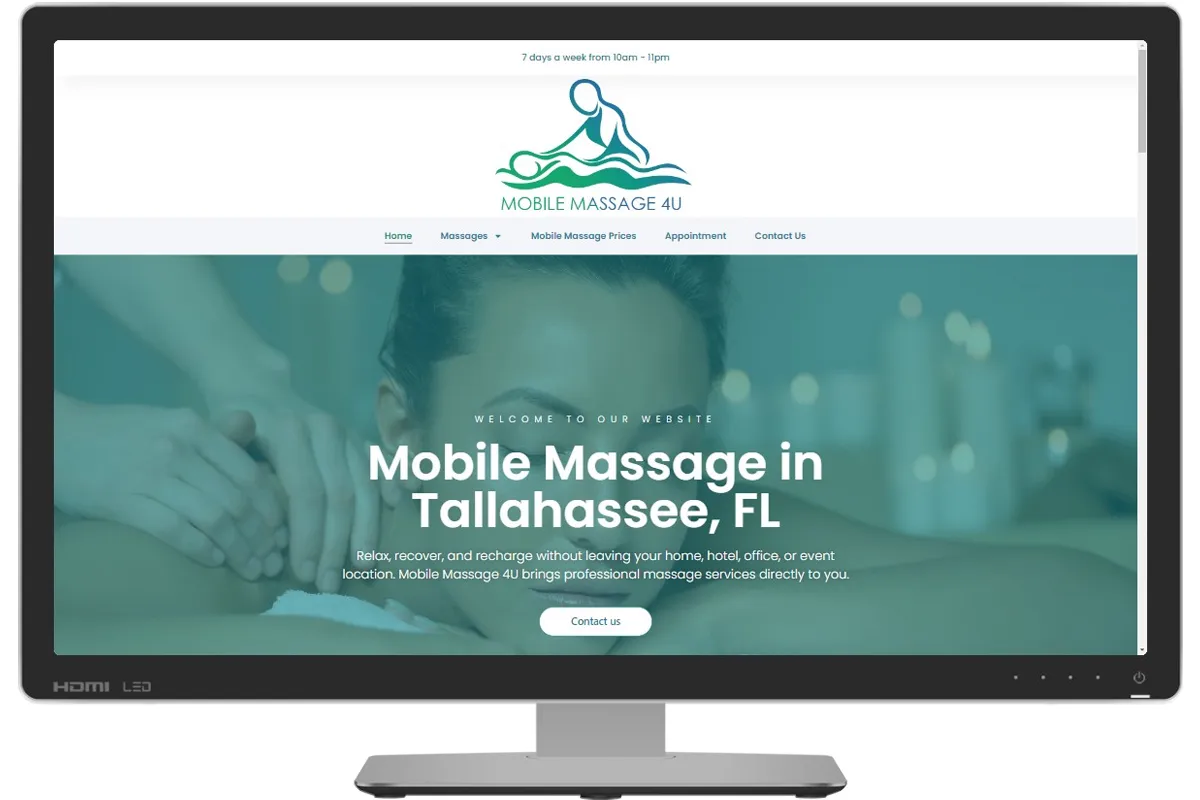 Mobile Massage 4 U website homepage presenting mobile massage services