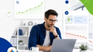 A digital marketing consultant analyzing a website search traffic report and ranking metrics on a laptop screen.